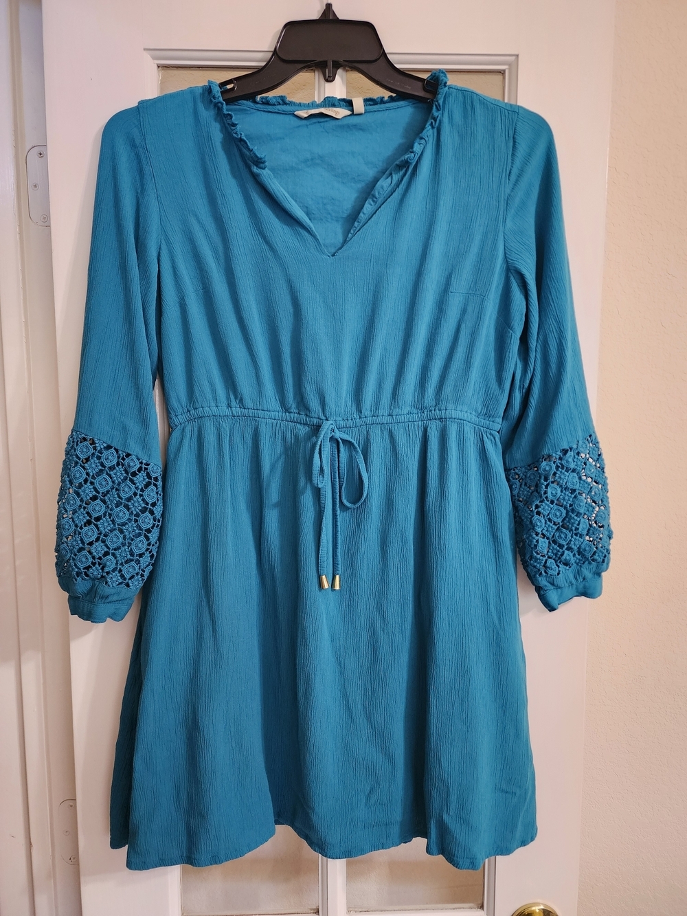 Soft Surroundings Teal Crochet Sleeve Boho Peasant Dress Small FLAW READ DESC